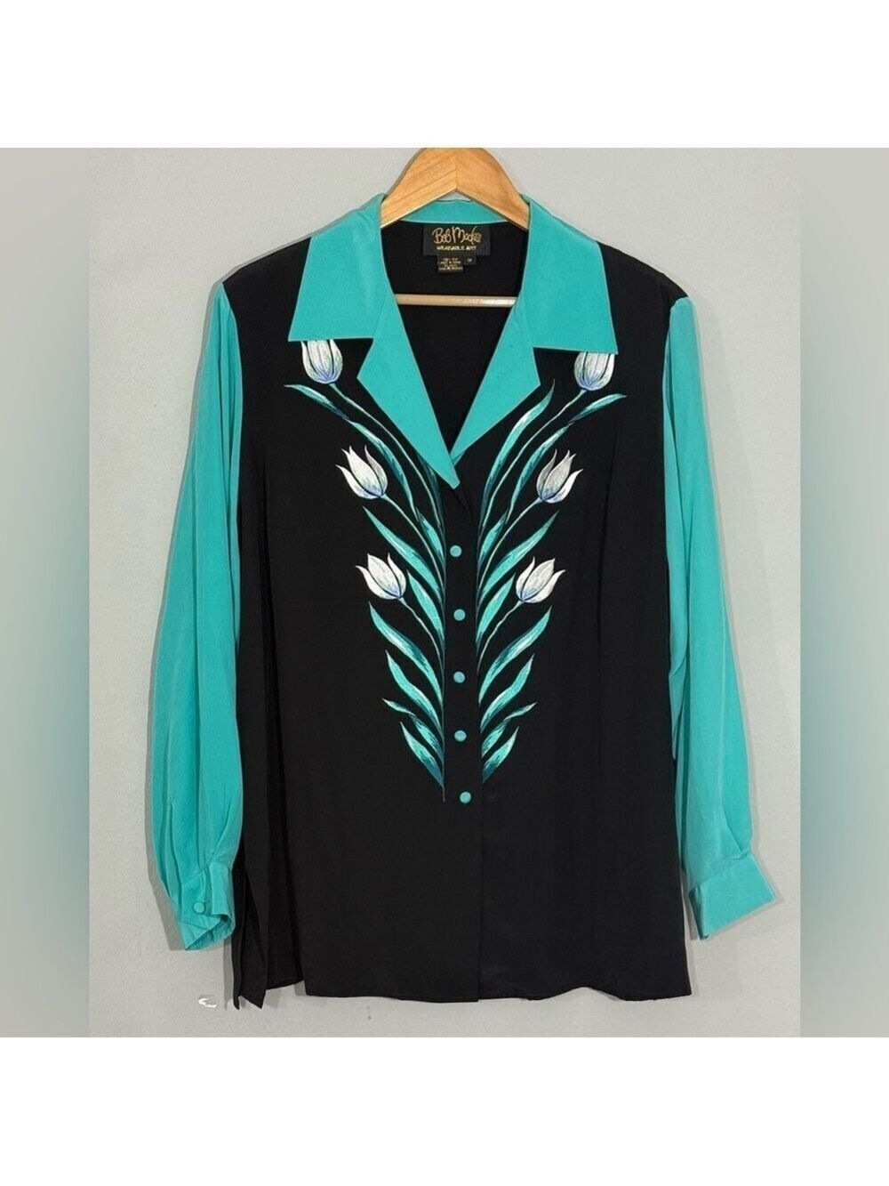 Bob Mackie Wearable Art Silk Blouse 1X Teal Black Floral
